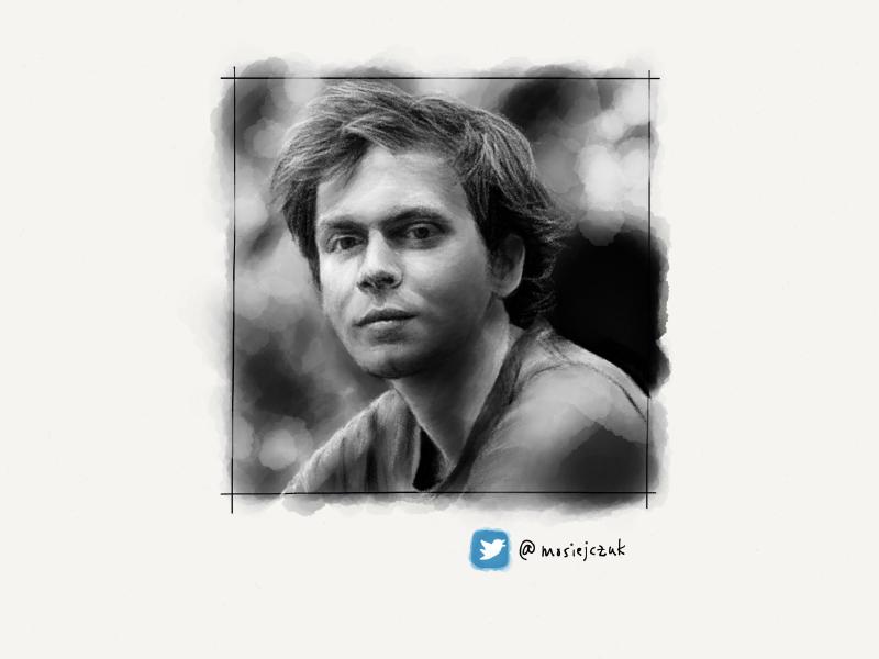 Black and white digital watercolor and pencil portrait of a man with wavy hair sitting outside. Background behind him has a bokeh.