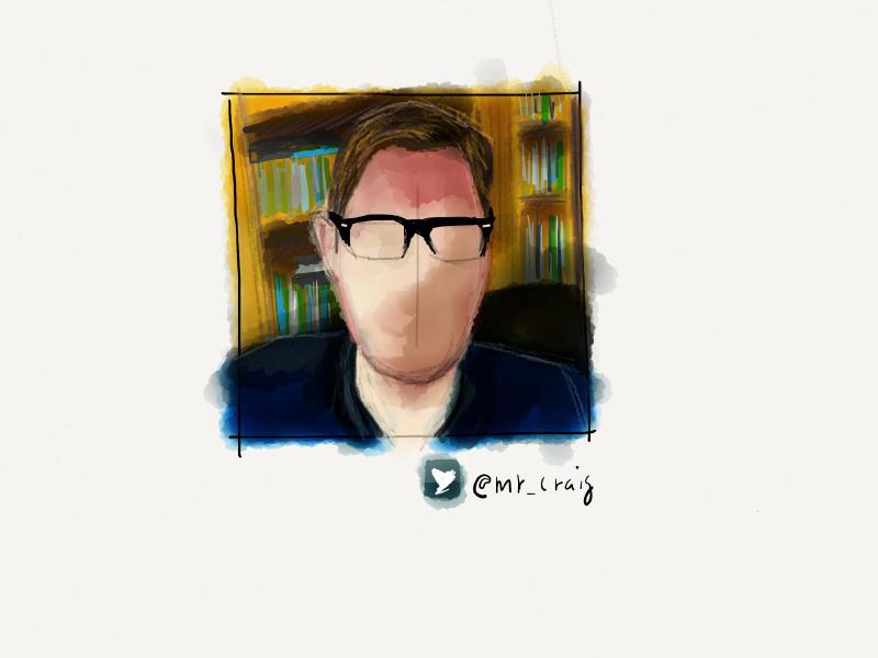 Digital watercolor and pencil portrait of a faceless man in horn rimmed glasses, sitting in front of bookcases.