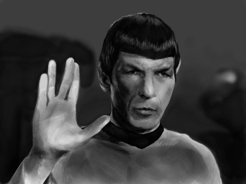 Black and white digital watercolor and pencil portrait of Leonard Nimoy as Spock, making a V with his right hand.