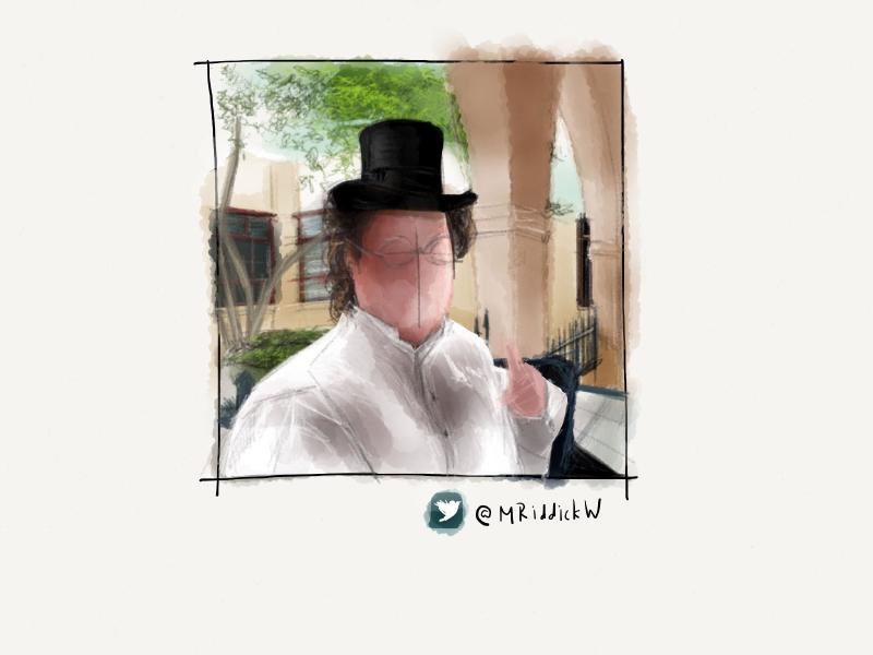 Digital watercolor and pencil portrait of a faceless man wearing a small black top hat and circular framed glasses outside as he gives a thumbs up.