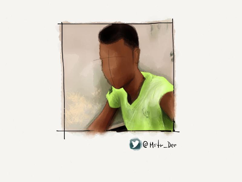 Digital watercolor and pencil portrait of a faceless man wearing a neon green t-shirt against a cream colored wall.