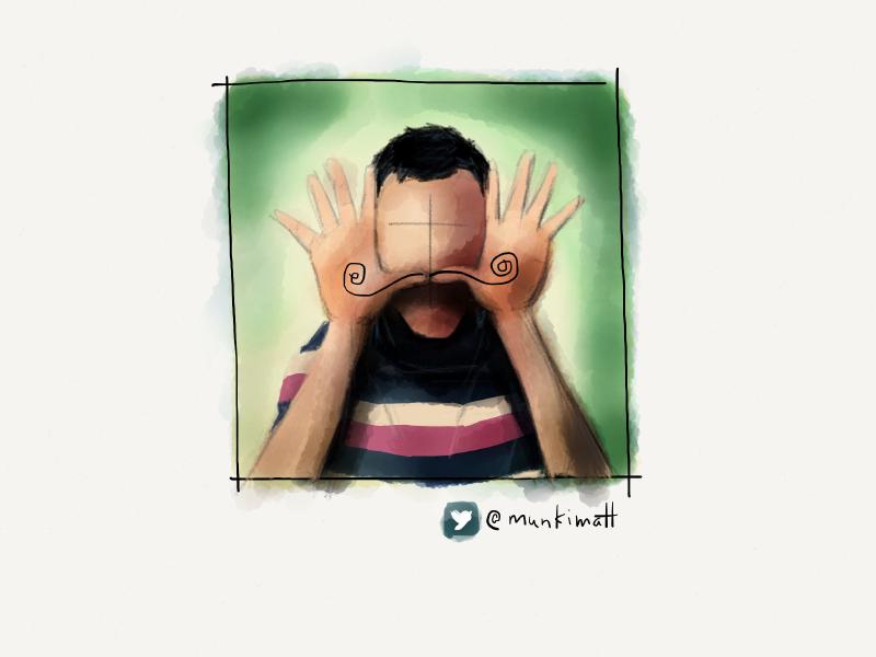Digital watercolor and pencil portrait of a faceless man holding his hands up to his face. Drawn across the palms is a large curly mustache.
