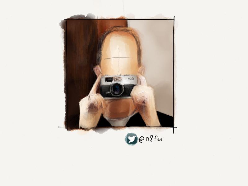 Digital watercolor and pencil portrait of a faceless man with short hair taking a selfie with an old film camera.