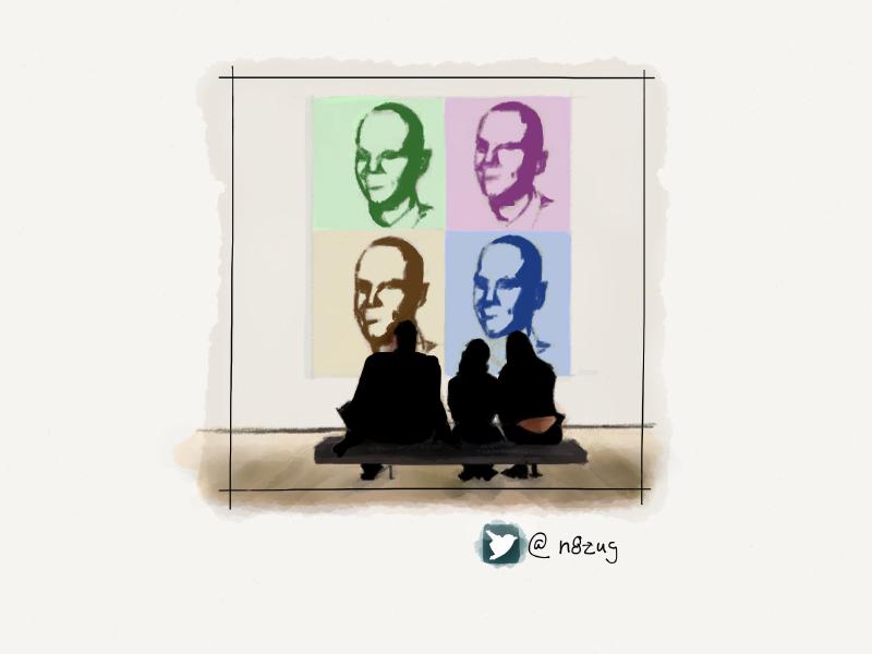 Digital watercolor and pencil drawing of three figures in silhouette, sitting on a bench in an art gallery, looking a portrait of a man's face in a grid of four colors.