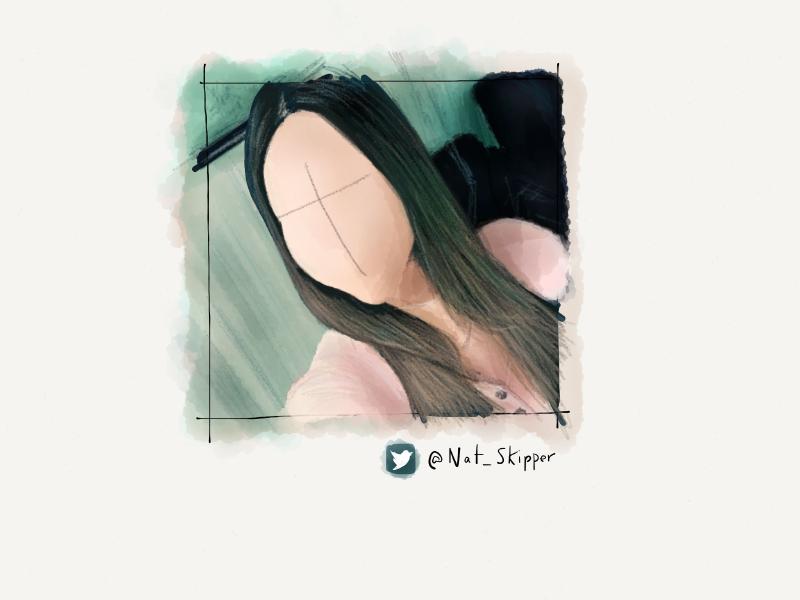 Digital watercolor and pencil portrait of a faceless woman with long straight hair taking a selfie.