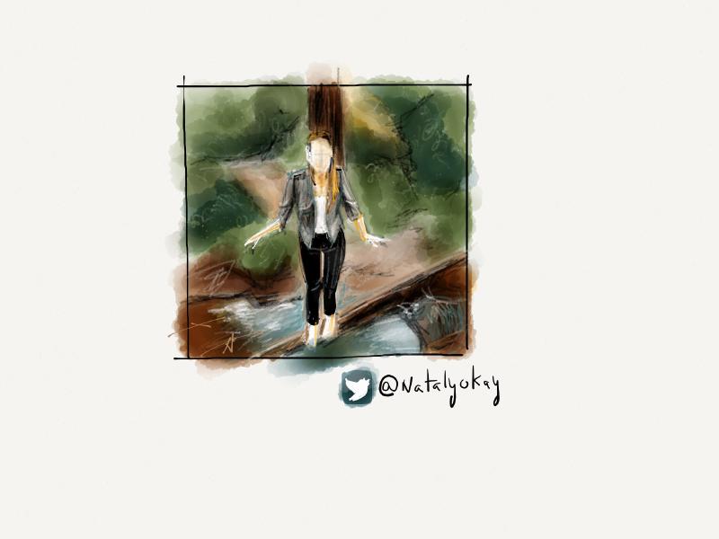 Digital watercolor and pencil portrait of a faceless woman in a blazer balancing on a log in water.