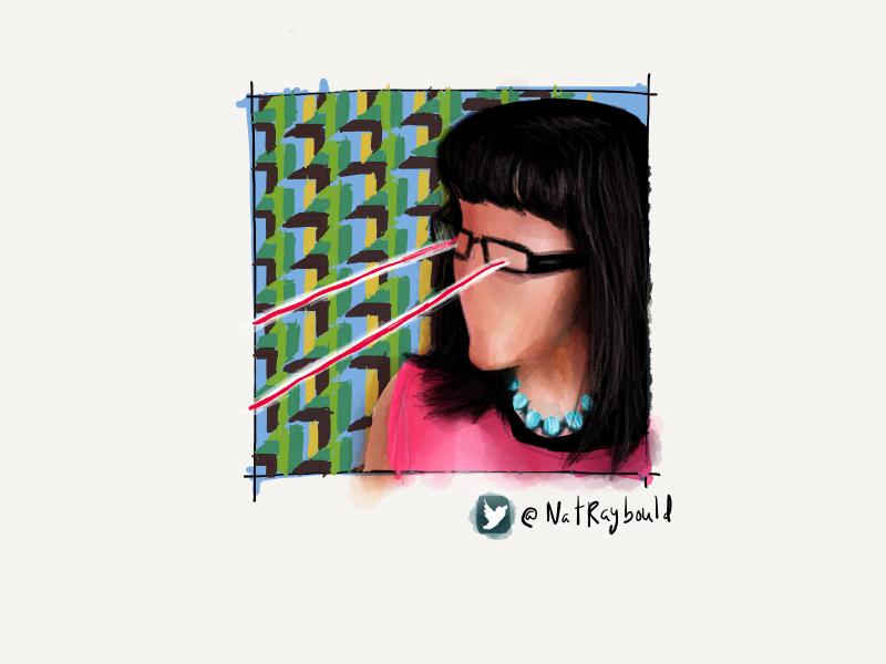 Digital watercolor and pencil portrait of a faceless woman with black hair, bangs, and glasses, shooting lasers from her eyes. Background is painted in with a distracting pattern of blue and brown.