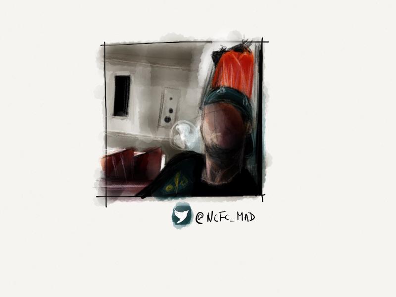 Digital watercolor and pencil portrait of a faceless man leaning back in his chair, wearing a backwards baseball cap.