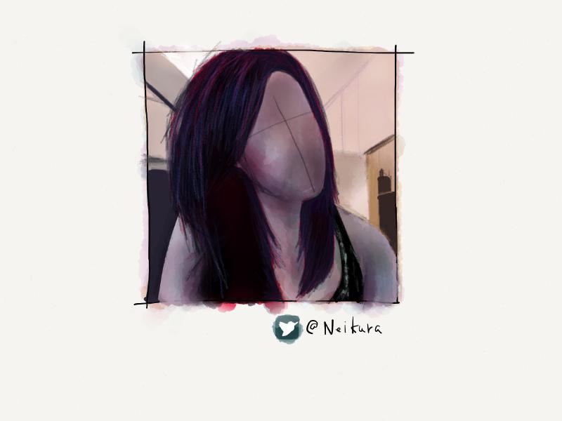 Digital watercolor and pencil portrait of a faceless woman with long purple and red streaked hair.
