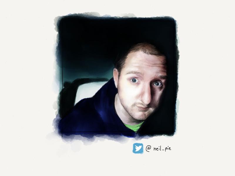 Digital watercolor and pencil portrait of a man with short hear, wearing a blue hoodie in a dark room, with his eyes open wide.