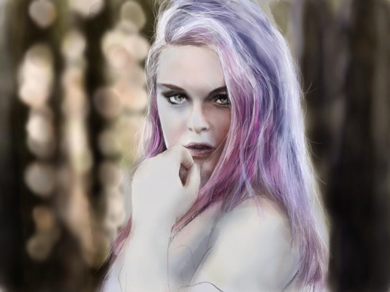 Digital watercolor and pencil portrait of a woman with unicorn colored hair and a bokeh of light behind her.