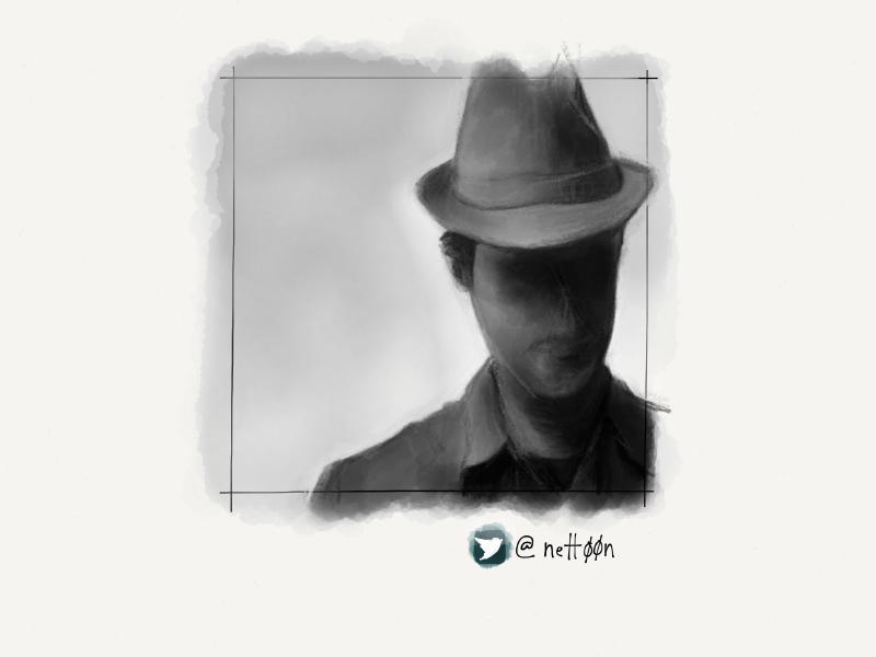 Digital watercolor and pencil portrait of a faceless man in gray wearing a fedora hat.