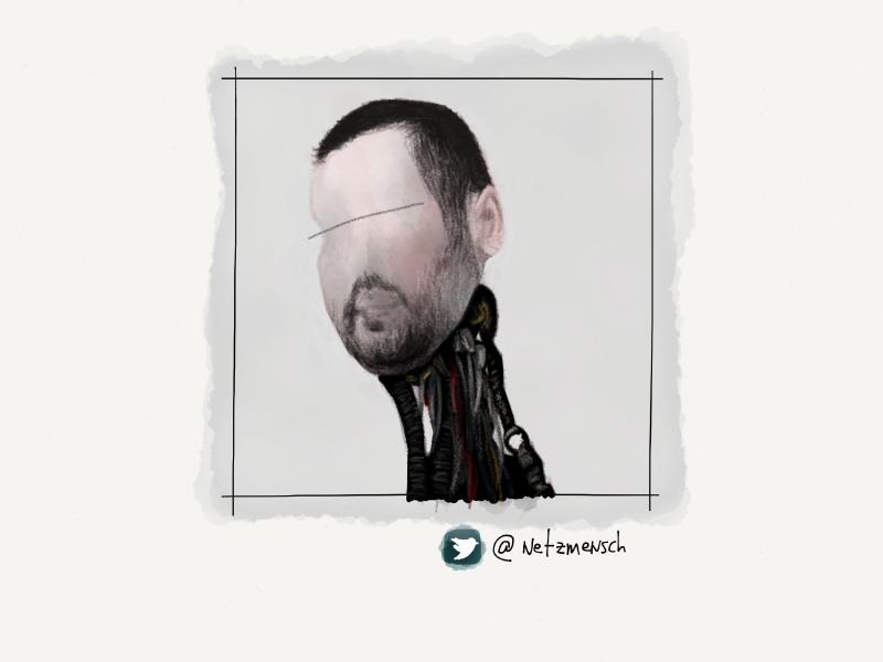 Digital watercolor and pencil portrait of a faceless cyborg man with short beard, grafted on to a robotic neck of wires.