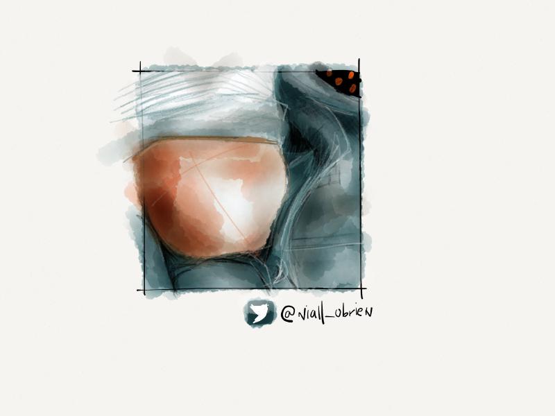 Digital watercolor and pencil portrait of a baby swaddled up in a blue blanket.