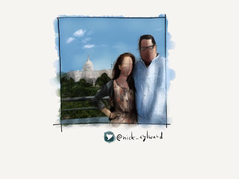 Digital watercolor and pencil portrait of a faceless woman and man posing together outside in front of the Capitol.