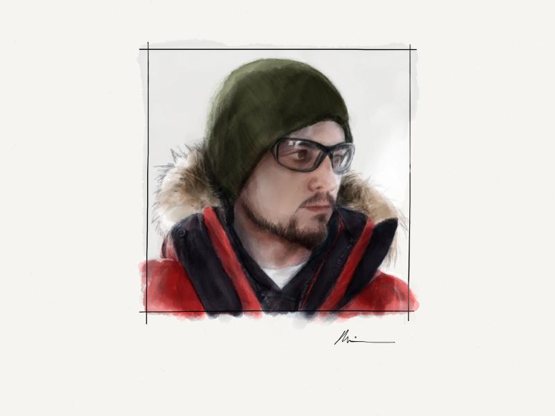 Digital watercolor and pencil portrait of a man with short beard, glasses, and wearing a parka with fur collar and green knit hat outdoors.