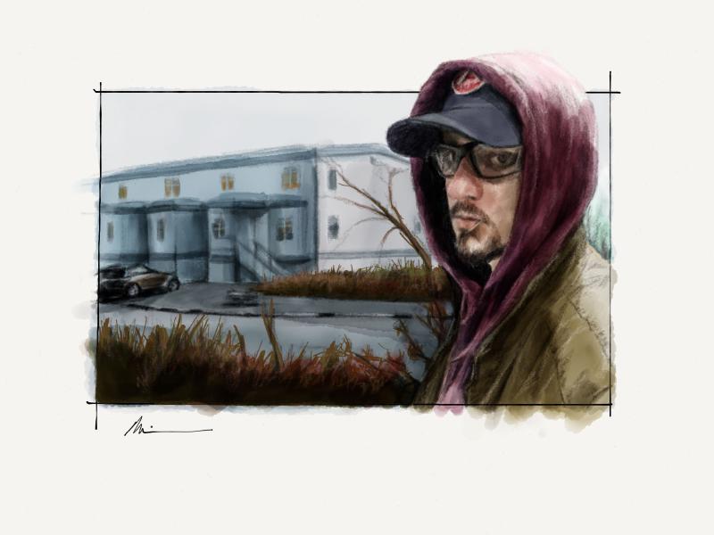Digital watercolor and pencil portrait of a bearded man wearing glasses, hooded sweatshirt up, standing in front of an apartment complex parking lot.