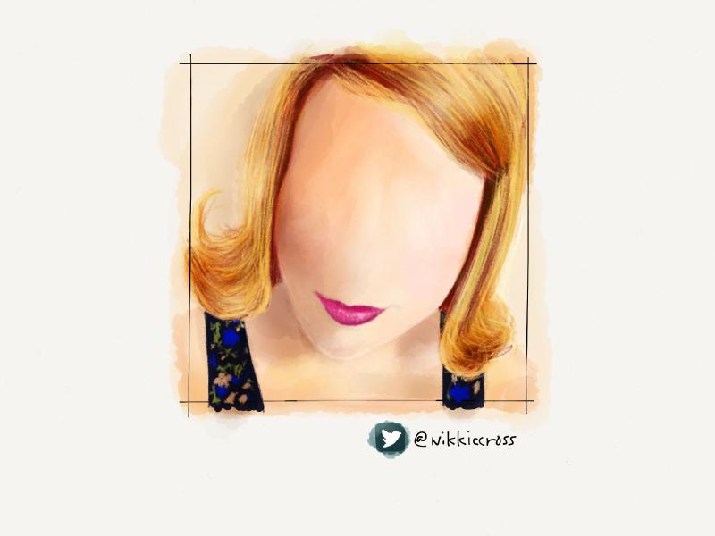 Digital watercolor and pencil portrait of a faceless woman with pink lips and blonde flip.