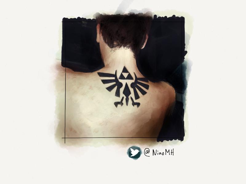 Digital watercolor and pencil illustration of the back of a man's back revealing a large Triforce of Courage tattoo in black between his shoulder blades.