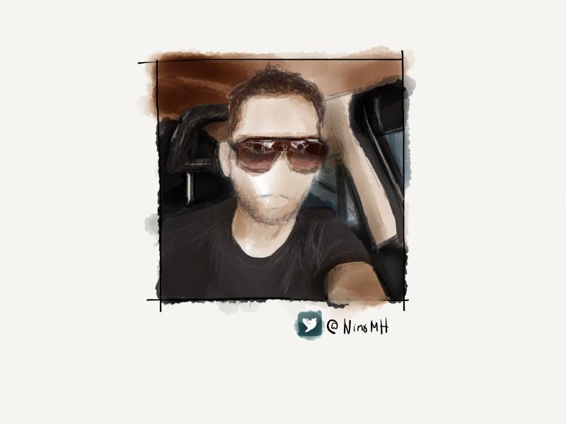 Digital watercolor and pencil portrait of a faces man wearing large sunglasses at night in his car, while taking a selfie.