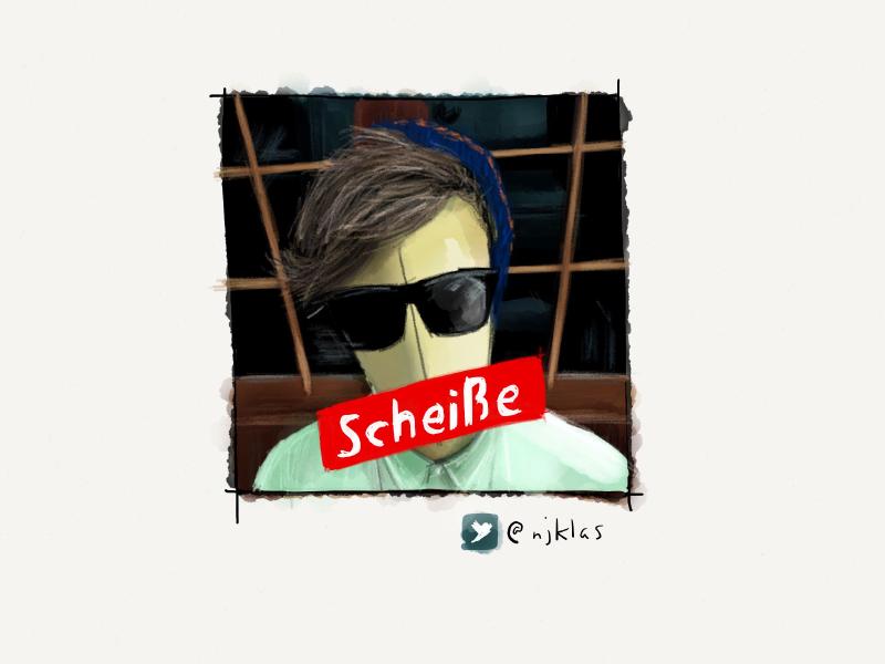 Digital watercolor and pencil portrait of a faceless young man with side swept bangs under a blue knit hat and wearing sunglasses. A red badge is across his mouth saying schieße.