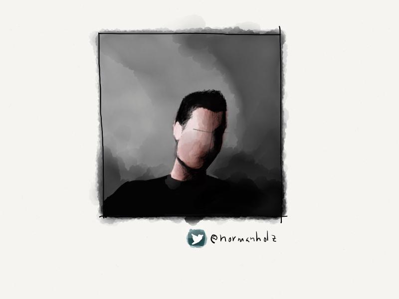 Digital watercolor and pencil portrait of a faceless man in dark, obscured by shadow in a gray room.