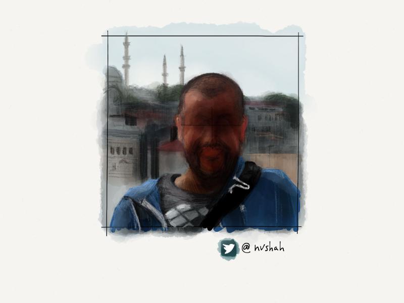 Digital watercolor and pencil portrait of a faceless man wearing a backpack and blue hooded sweatshirt, with a historic city seen behind him.