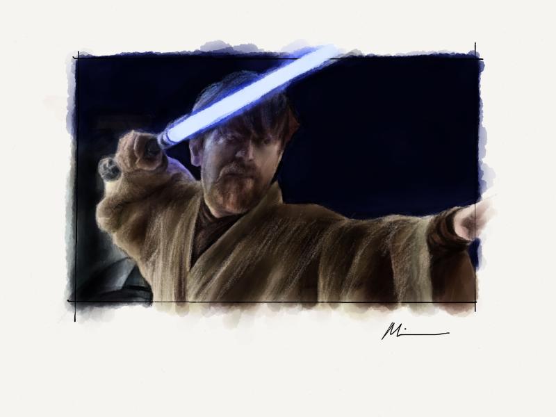 Digital watercolor and pencil portrait of Ewan McGregor as Obi-Wan Kenobi holding a light saber in Star Wars Revenge of the Sith.