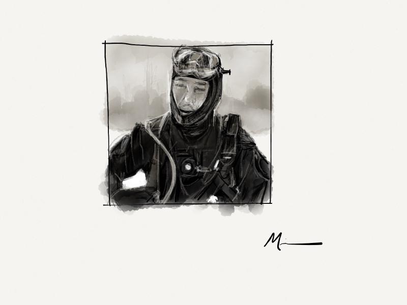 Black and white digital watercolor and pencil portrait of a man in black scuba gear.