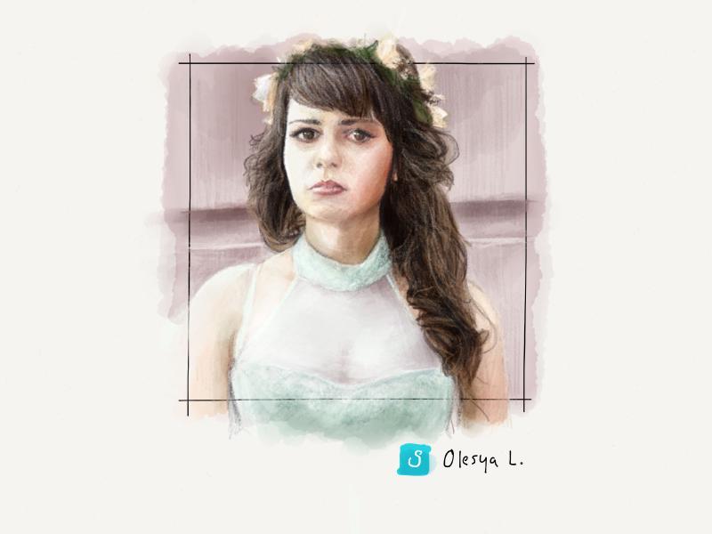 Digital watercolor and pencil portrait of a woman with thick curls and flowers in her hair, wearing a white gown with sheer fabric.