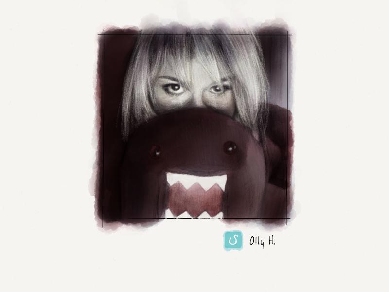 Digital watercolor and pencil portrait of a woman with blonde hair hiding behind a stuffed Domo with jagged teeth.