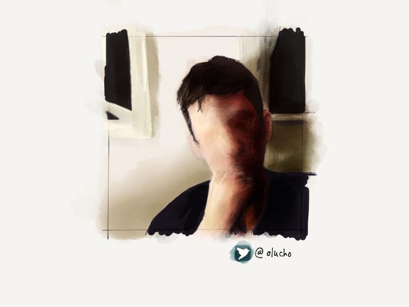 Digital watercolor and pencil portrait of a faceless man with his hand to his chin thinking.