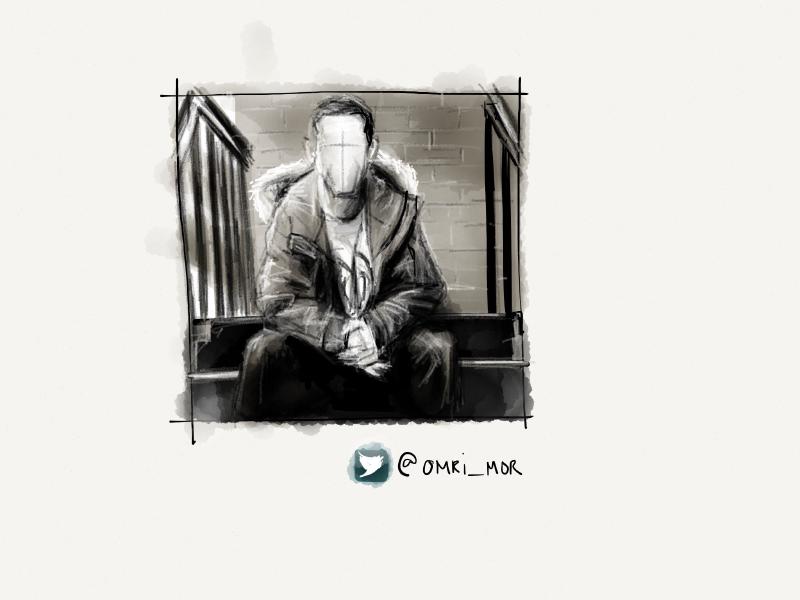 Black and white digital watercolor and pencil portrait of a faceless man sitting on porch steps wearing a parka coat with fur-lined hood.