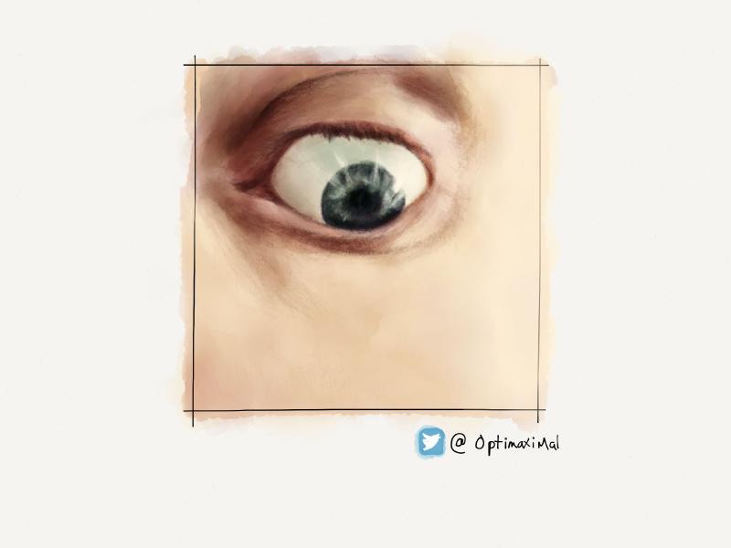 Digital watercolor and pencil illustration of an eye looking down franticly.