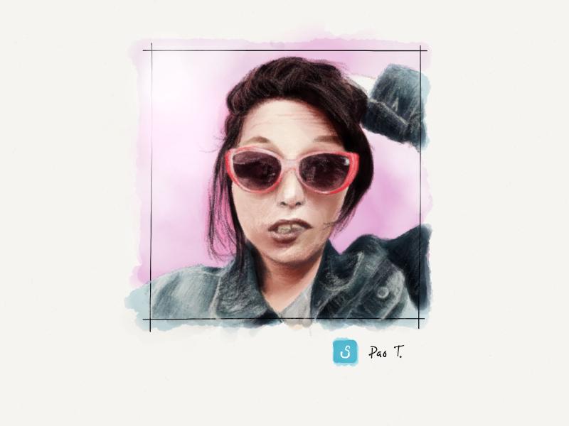 Digital watercolor and pencil portrait of a woman, hand on her head, biting her lower lip, wearing red sunglases and a jean jacket against a pink wall.