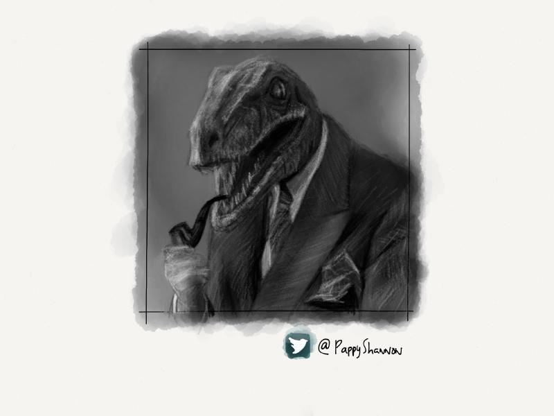 Black and white digital watercolor and pencil portrait of a velociraptor wearing a suit and tie, smoking a pipe.