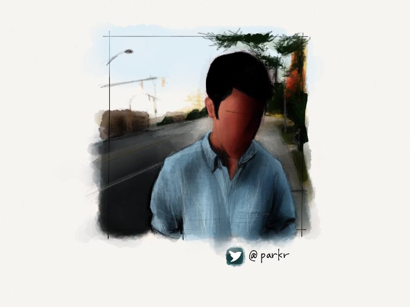 Digital watercolor and pencil portrait of a faceless man walking down an empty street.