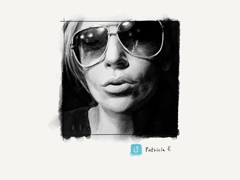 Black and white digital watercolor and pencil portrait of a blonde woman wearing large, highly reflective sunglasses.