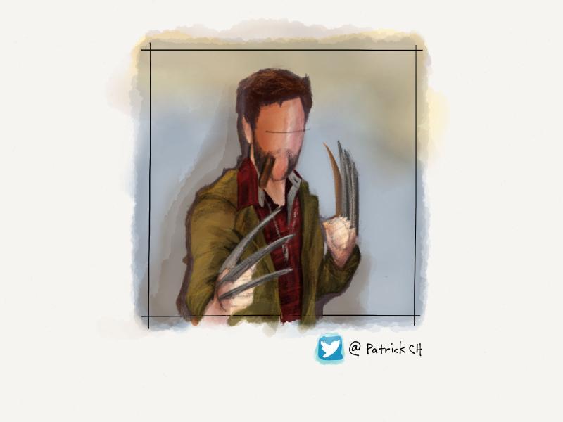 Digital watercolor and pencil portrait of a faceless man dressed as Wolverine. He's wearing a flannel shirt, large mutton chops, smoking a cigar, and has large metal claws up ready to fight.