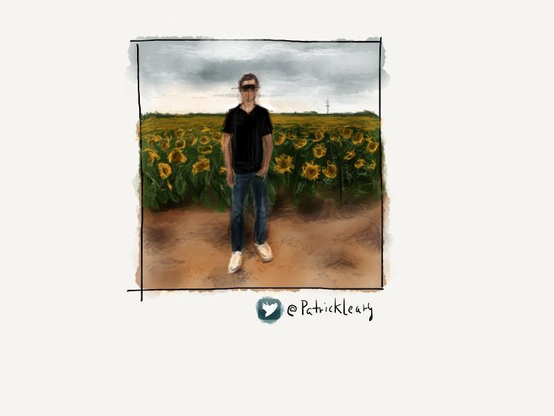 Digital watercolor and pencil portrait of a faceless man in blue jeans and sunglasses, standing in front of a field of sunflowers.