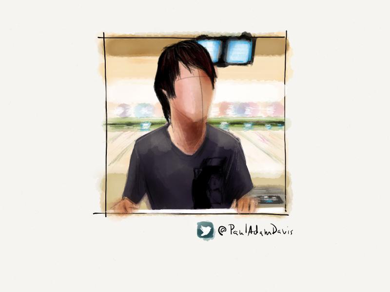 Digital watercolor and pencil portrait of a faceless man with dark hair standing in a bowling alley wearing a gray shirt with the Mail Chimp monkey on it.