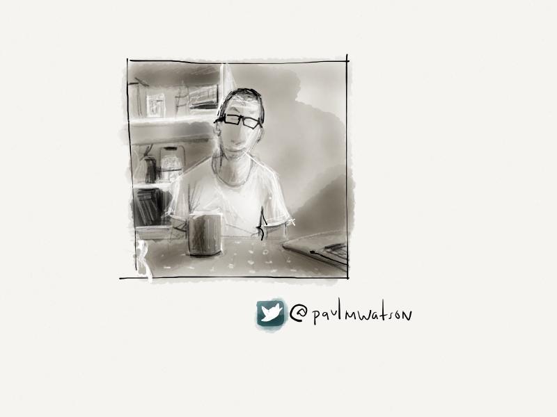 Black and white digital watercolor and pencil portrait of a man with short hair and glasses, sitting at a table in a white shirt with a cup of coffee and laptop beside him.