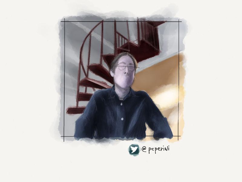 Digital watercolor and pencil portrait of a faceles man sitting in front of a spiraling staircase.
