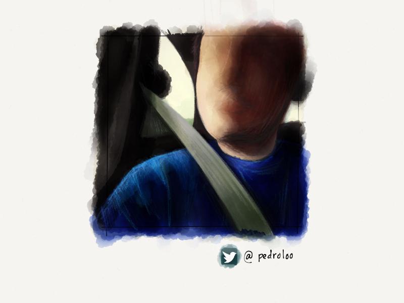Digital watercolor and pencil portrait of a faceless man in a car wearing a blue shirt and seat belt across his chest.