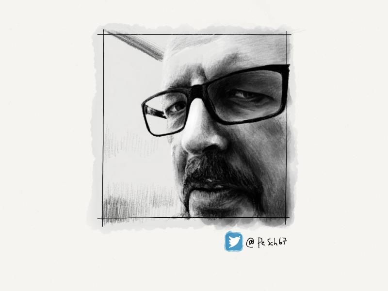Black and white digital watercolor and pencil portrait of a man wearing glasses and a goatee questioning why you are looking at him.