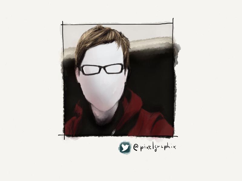 Digital watercolor and pencil portrait of a faceless blonde wearing glasses and a red hoodie.