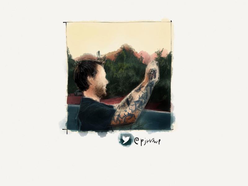 Digital watercolor and pencil portrait of a faceless man with tattoos covering both arms, holding up an iPhone to take a photograph of the scenic landscape.