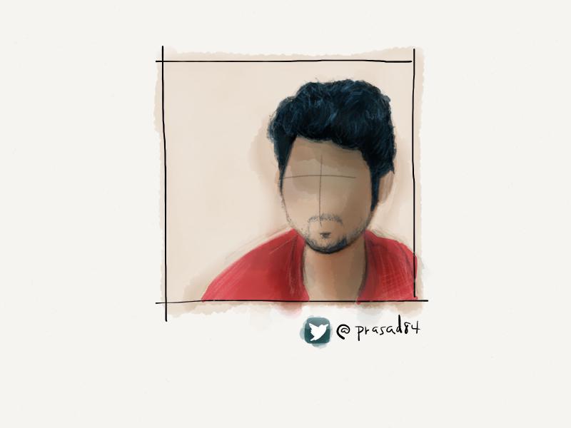Digital watercolor and pencil portrait of a faceless man with dark poofy hair and short goatee, wearing a read shirt against a salmon colored wall.