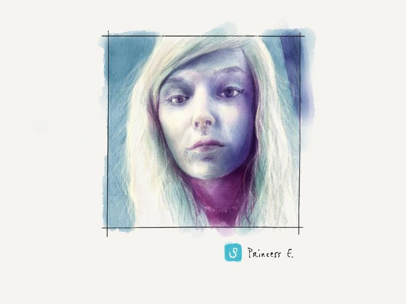 Digital watercolor and pencil portrait of a woman with white hair and a nose ring. Her face is colored in with purples and blues.