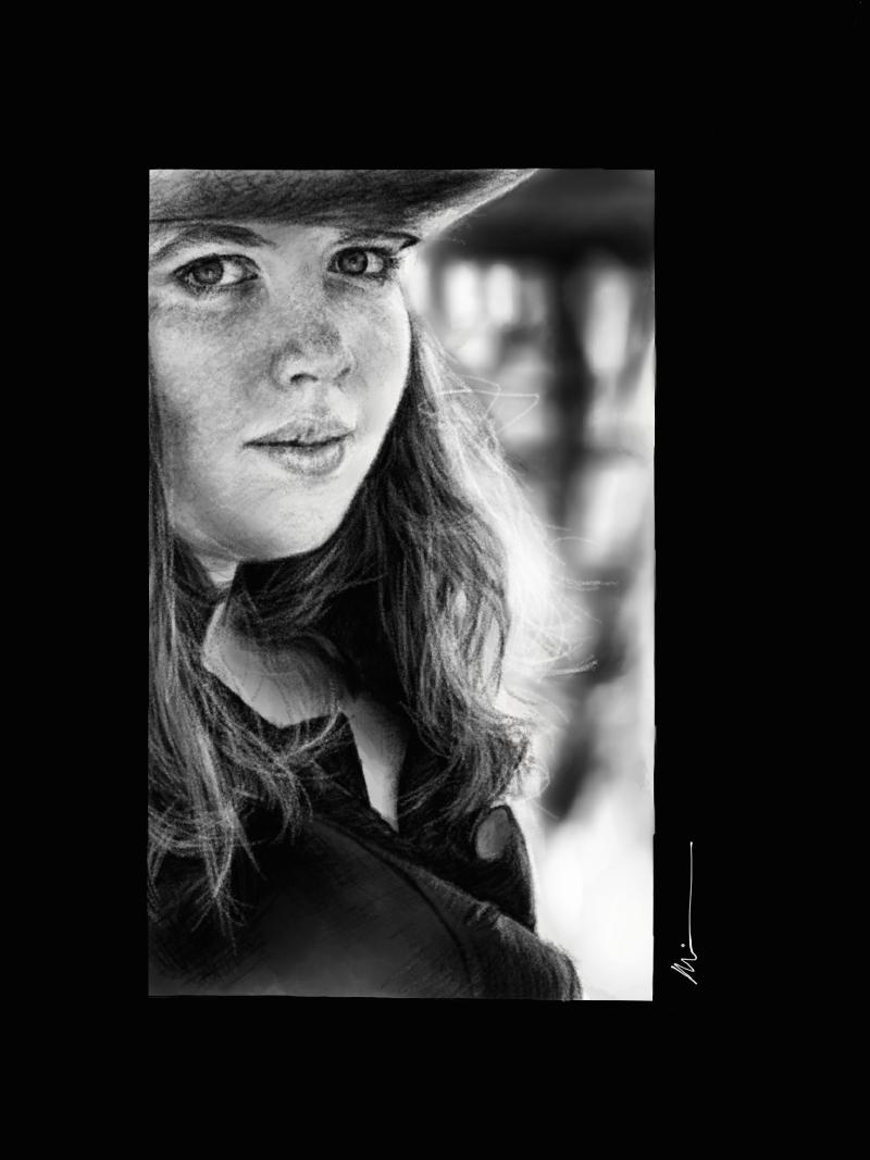 Black and white digital watercolor and pencil portrait of a freckled girl with long hair and a bokeh of light in the background.